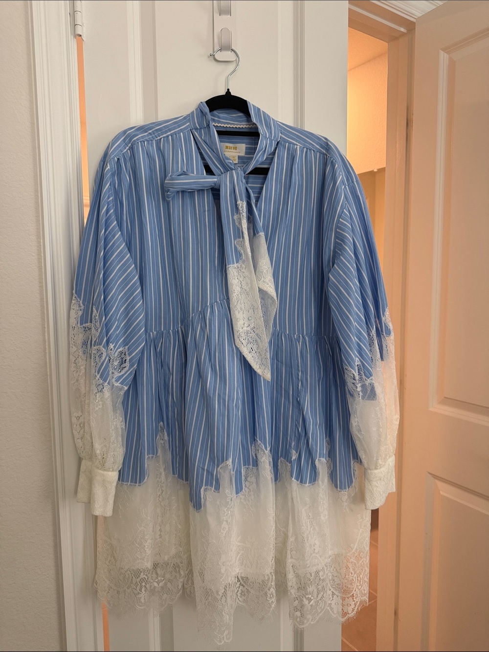 Anthropologie Blue and White Striped Lace-Trim Tie Neck Top